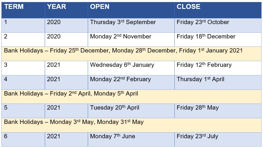 Term Dates 2020-2021