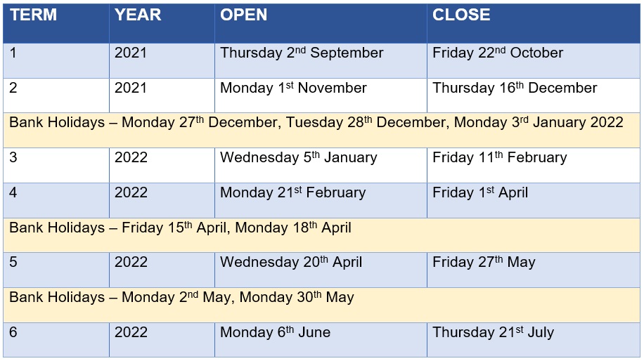 Term Dates 2021-2022